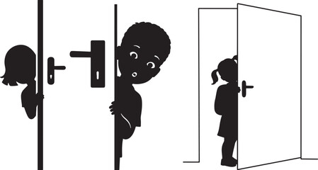Children peeking through doorways silhouette isolated on white background