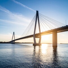 Fototapeta premium Modern cable-stayed bridge at sunset over calm water
