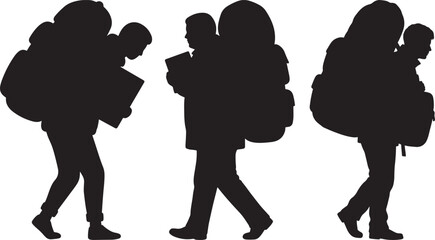 Three hikers with backpacks walking in silhouette isolated on white background