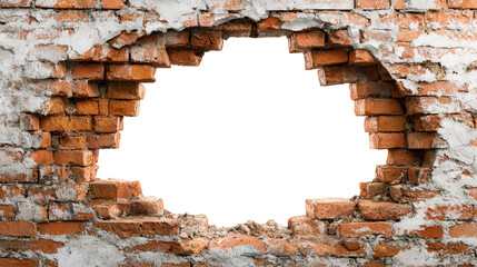 Weathered brick wall revealing substantial structural damage, transparent backdrop creating open space for vintage styled graphic design compositions