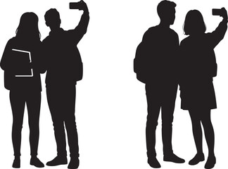 Couple taking selfie silhouette isolated on white background