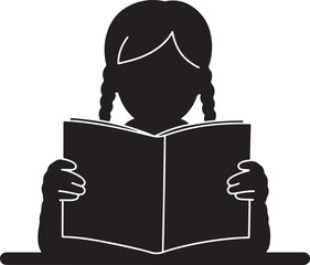 Silhouette of a young girl reading a book isolated on white background
