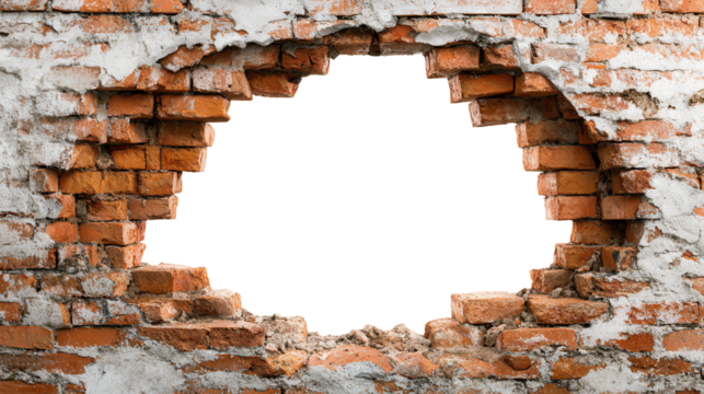 Weathered brick wall revealing substantial structural damage, transparent backdrop creating open space for vintage styled graphic design compositions