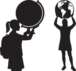 Children holding globes in silhouette isolated on white background