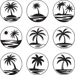 Obraz premium Tropical island palm trees in circular emblems beach