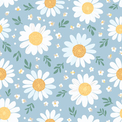 Seamless floral pattern with white and blue chamomile flowers, green leaves, and soft blue background. Ideal for textiles, wrapping paper, and spring designs.