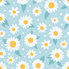 Obraz premium Seamless floral pattern with white and blue chamomile flowers, green leaves, and soft blue background. Ideal for textiles, wrapping paper, and spring designs.