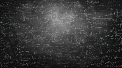 Mathematical formulas filling chalkboard surface, showcasing complex algebra, calculus, and geometric equations representing academic scientific research and learning environment