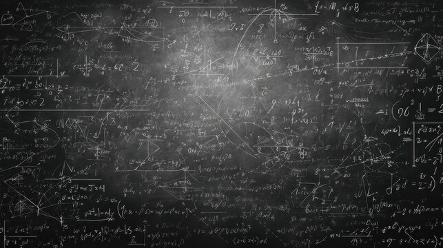 Mathematical formulas filling chalkboard surface, showcasing complex algebra, calculus, and geometric equations representing academic scientific research and learning environment - Powered by Adobe