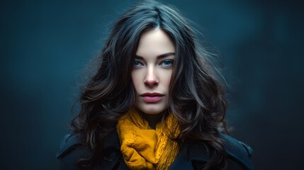 Portrait of a beautiful woman with stunning blue eyes and a yellow scarf.