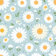 Obraz premium Seamless floral pattern with white and blue chamomile flowers, green leaves, and soft blue background. Ideal for textiles, wrapping paper, and spring designs.