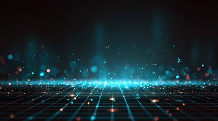 Futuristic grid surface with glowing particles.