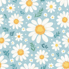 Obraz premium Seamless floral pattern with white and blue chamomile flowers, green leaves, and soft blue background. Ideal for textiles, wrapping paper, and spring designs.