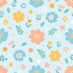 Seamless floral pattern with colorful hand-drawn flowers and leaves on light blue background. Perfect for fabric, kids design, and stationery