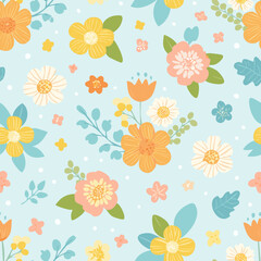 Seamless floral pattern with colorful hand-drawn flowers and leaves on light blue background. Perfect for fabric, kids design, and stationery