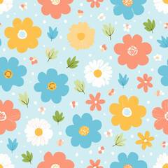 Seamless floral pattern with colorful hand-drawn flowers and leaves on light blue background. Perfect for fabric, kids design, and stationery