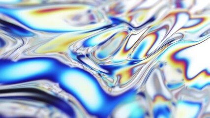 Abstract Liquid Metal Flowing Iridescent Chrome Surface with Blue Yellow and Purple Hues Macro - Powered by Adobe