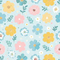 Seamless floral pattern with colorful hand-drawn flowers and leaves on light blue background. Perfect for fabric, kids design, and stationery
