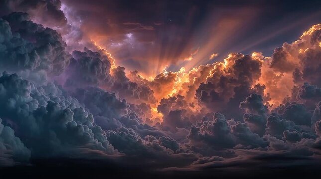 Dramatic Storm Clouds With Sunlight and Lightning in Sky