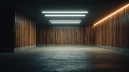 Empty parking garage interior with wooden walls and neon lighting.