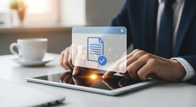 Man in Suit Using Tablet Interacting with Digital Document Confirmation - Powered by Adobe