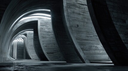 Abstract concrete tunnel interior with illuminated curves.
