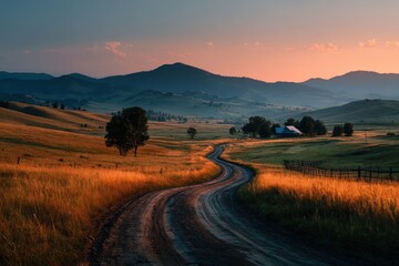 Scenic rural landscape featuring winding dirt road through golden fields at sunset in mountainous region