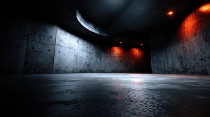 Empty, concrete interior space illuminated by spotlights.