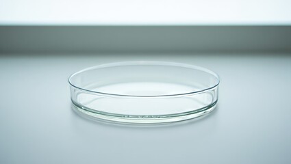 A clear glass petri dish sits on a light gray surface
