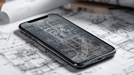 Digital device presenting architectural 3d model resting on technical blueprints, representing technological innovation within design and construction planning