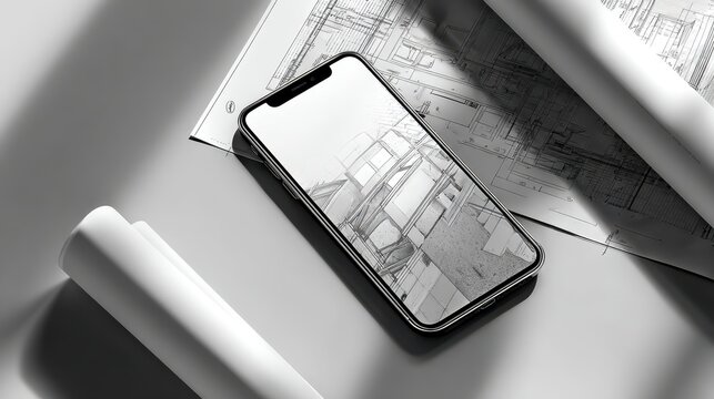 Architectural blueprint displayed on sleek smartphone screen, resting near drafting tools on contemporary office workspace, highlighting digital design innovation