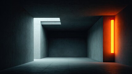 Empty, concrete interior space with contrasting light.