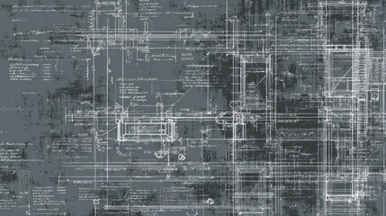 Weathered architectural blueprint displaying precise technical drawings, scaled measurements, and handwritten notes against distressed textural background