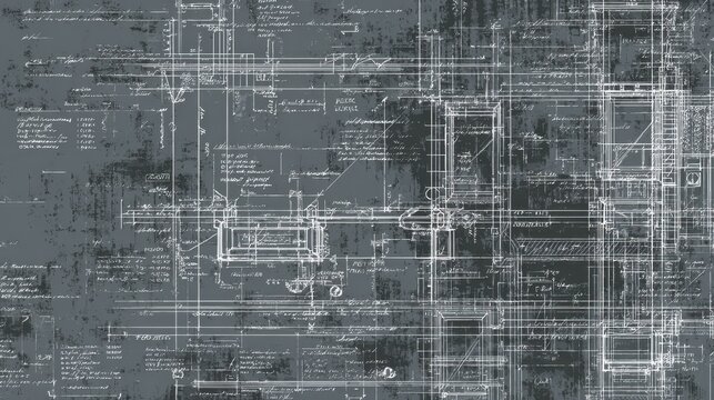 Weathered architectural blueprint displaying precise technical drawings, scaled measurements, and handwritten notes against distressed textural background - Powered by Adobe