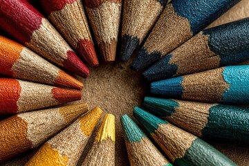 Colorful arranged art supplies in a circular pattern featuring various shades of crayons and pastels, ideal for creative projects and artistic expression