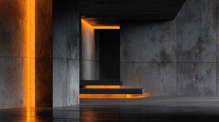 Modern concrete interior with accent lighting.