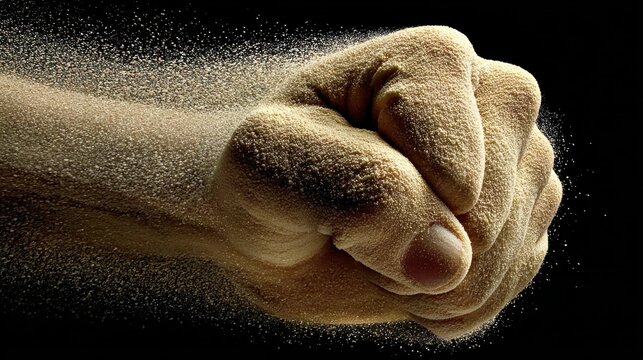 Weathered hand gripping sandy surface, crumbling and dispersing granules against shadowy background, symbolizing impermanence and slow disintegration of human strength
