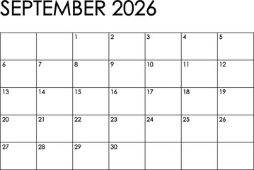 September 2026 month calendar - Sunday to Saturday format. Simple black and white design