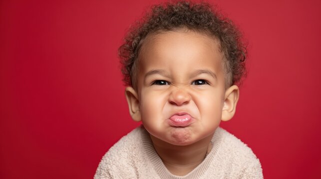 Playful toddler scrunching face in dramatic expression of pure disgust, frowning with puckered lips and wrinkled brows against bright red backdrop