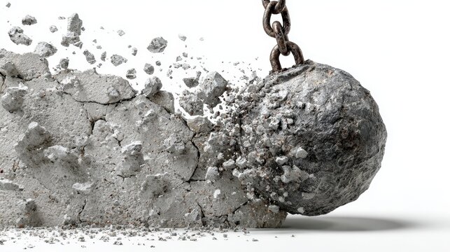 Massive rusty wrecking ball smashing concrete wall, generating debris spray, representing destructive industrial demolition force and structural breakdown - Powered by Adobe
