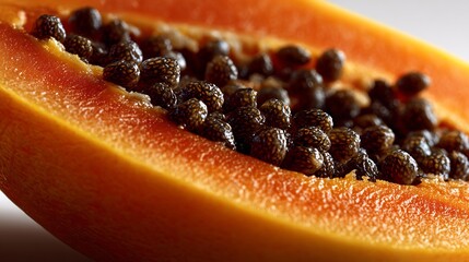 Papaya closeup Carica papaya sliced papaya macro showing orange pulp black seeds tropical fruit detail clean white background