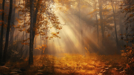 Obraz premium Misty autumn forest at sunrise, golden light filtering through fog, high detail, magical and serene mood, cinematic landscape photography