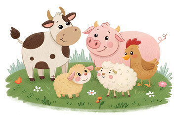 Obraz premium A charming group of farm animals including a cow, pig, chicken, sheep, and goat standing together in a green grassy field. The animals are illustrated in a cute, friendly style with rounded shapes and