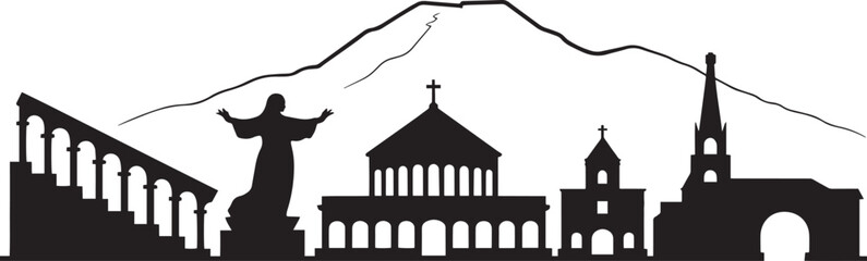 Armenia Yerevan Skyline Silhouette Vector Illustration with Mountain Range Backdrop