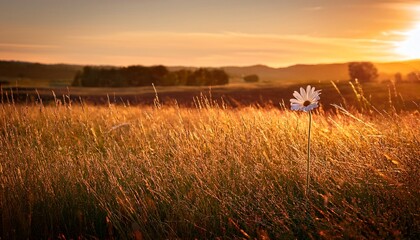 serene wide open field at golden hour with a lone wildflower bathed in soft light