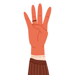 Human hand showing number four with four fingers raised. Finger-counting. Math and education. Sign language or counting concept. Vector illustration in cartoon style. Isolated on white