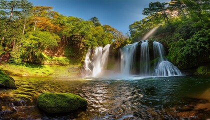 Obraz premium waterfalls with their cascading wonders are living embodiment of nature evaporation and precipitation dance as they draw boundless energy and vibrant vitality from sun to sustain their flow