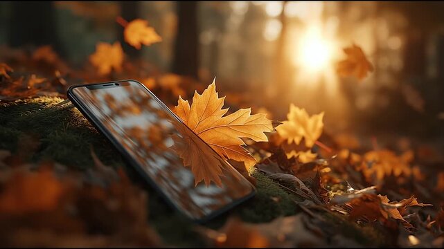Autumn leaves reflect sunset on a smartphone in a forest setting