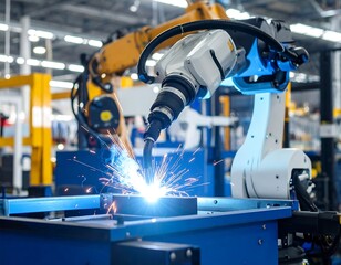 Automated welding in a factory.  Industrial robot arm performing precision welding. Sparks fly from the weld.  Manufacturing environment.  Multiple robots visible