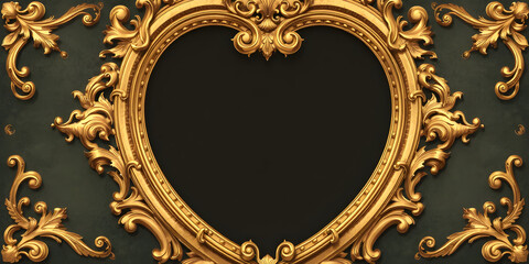 Ornate heart-shaped golden frame. Baroque. Illustration